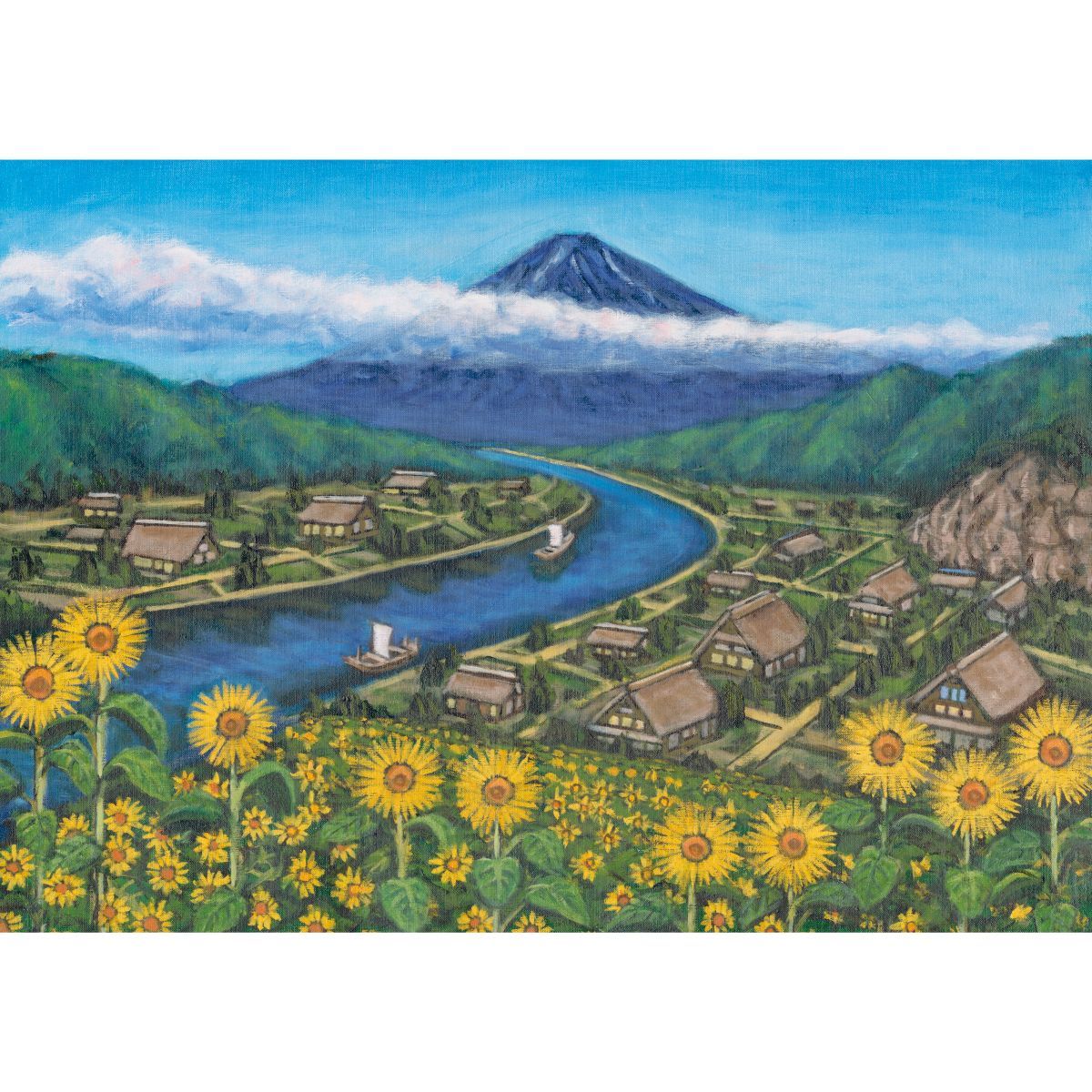 ひまわりと古民家と富士山 銭湯画 B お風呂ポスター 防水ポスター