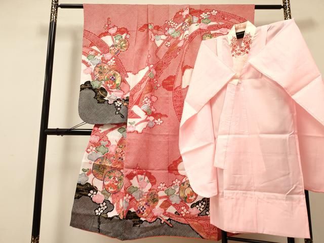 平和屋着物[]七五三　女の子　７歳　祝着　四つ身　襦袢(半衿刺繍)セット　鼓花文　金彩　洗える着物　DAAR6368ma