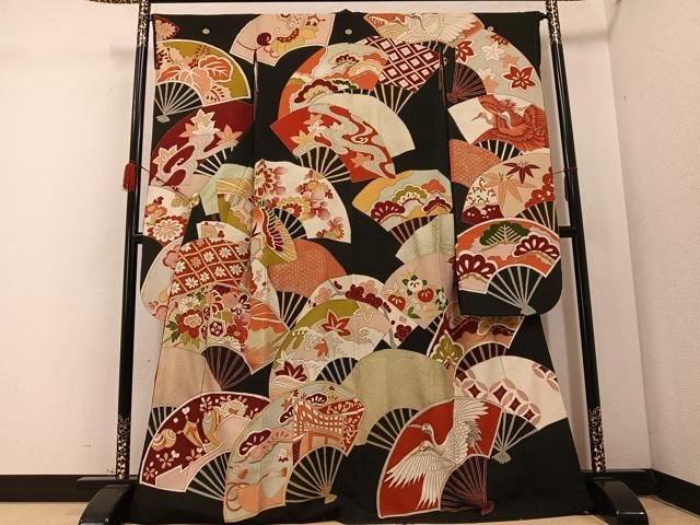 平和屋着物●アンティーク　大正ロマン　振袖　刺繍　扇面飛鶴花文　黒地　金彩　正絹　逸品　AABC6058ph 平和屋着物○アンティーク 大正ロマン 振袖 刺繍 扇面飛鶴花文 黒地