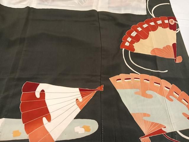 平和屋着物●アンティーク　大正ロマン　振袖　刺繍　扇面飛鶴花文　黒地　金彩　正絹　逸品　AABC6058ph 平和屋着物○アンティーク 大正ロマン 振袖 刺繍 扇面飛鶴花文 黒地