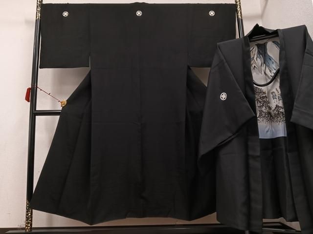 平和屋着物●男性 黒紋付 羽織セット 正絹 ph