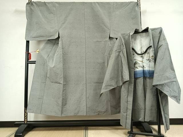 平和屋着物▽男性　紬　単衣　アンサンブル　霞文　キングサイズ　正絹　逸品　AABC4004fy 平和屋着物▽男性 紬 単衣 アンサンブル 霞文 キングサイズ 正絹 逸品