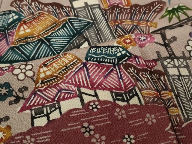平和屋着物○上質な小紋 琉球紅型 風景草花文 鬼しぼ縮緬 正絹