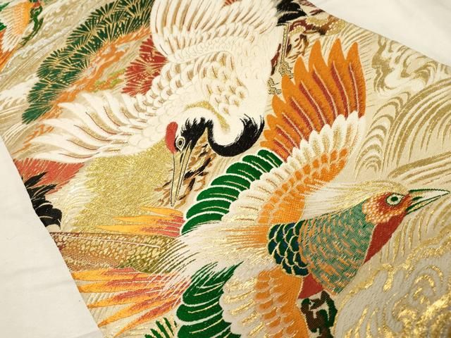 平和屋着物 アンティーク 丸帯 唐織 鶴 尾長鳥 金銀糸 正絹 dy