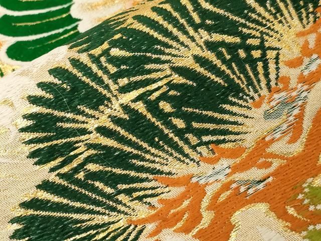  平和屋着物●アンティーク 丸帯 唐織 鶴 尾長鳥 金銀糸 正絹 dy 丸帯 帯