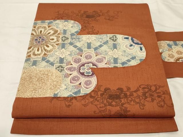 平和屋着物○九寸名古屋帯 紬地 更紗正倉院花文 正絹 逸品 CABA2368dy