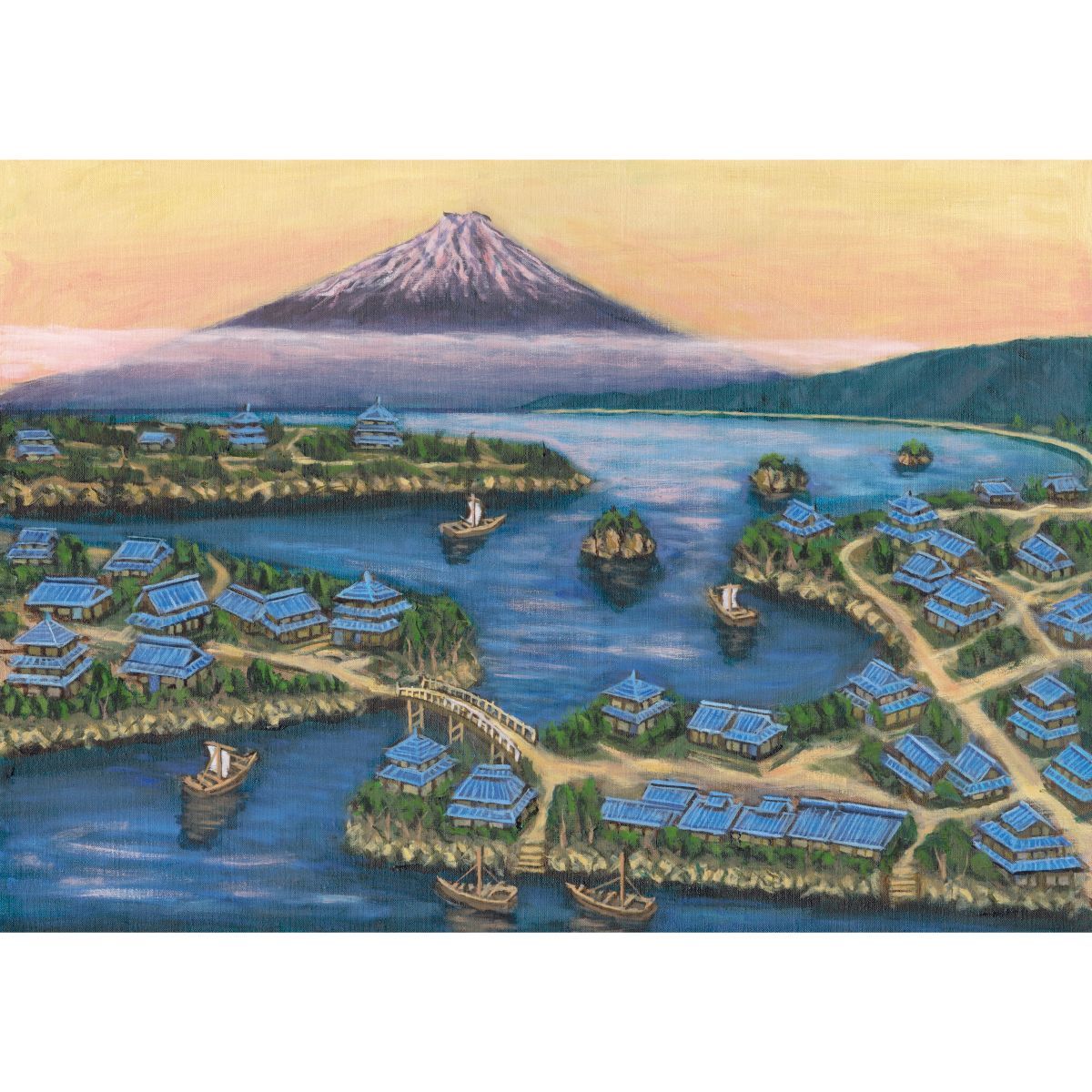 甍 いらか の家と紅富士 銭湯画 B お風呂ポスター 防水ポスター