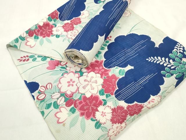 平和屋着物 夏物 アンティーク 大正ロマン 小紋 反物 着尺 絽 草花雲文 zzz