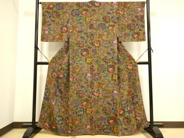 平和屋着物○上質な小紋 鳳凰唐獅子花文 鬼しぼ縮緬 正絹 逸品 未使用