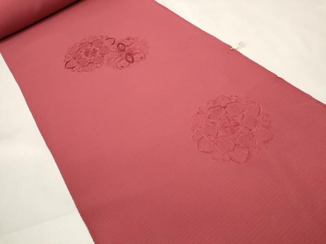 平和屋着物 夏物 中国三大刺繍 汕頭刺繍 付下げ 反物 着尺 絽 堅牢染 正倉院花 臙脂色 zzz