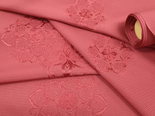 平和屋着物＊夏物 中国三大刺繍 汕頭刺繍 付下げ 反物 着尺 絽 堅牢染 正倉院花 臙脂色 ♥ zzz