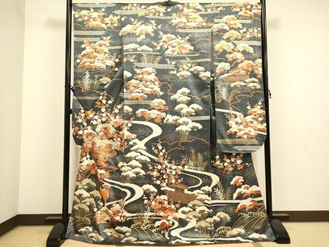 平和屋着物 十日町老舗ブランド 吉澤友禅 吾妻徳穂 振袖 駒刺繍 立波風景花文 松竹梅 金彩 正絹 du