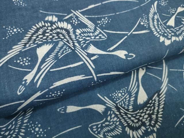 平和屋着物∴夏物 浴衣 反物 着尺 長板 日本美術 正藍染 群れ鶴 綿麻