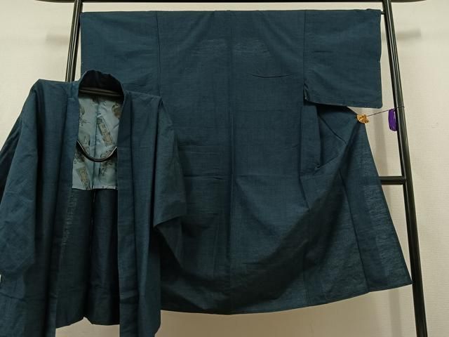 平和屋着物 男性 紬 単衣 アンサンブル 青藍色 正絹 jh