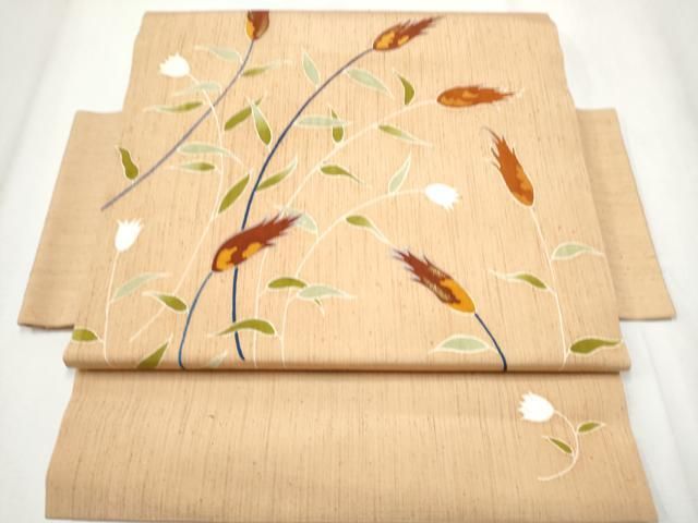 平和屋着物●つけ帯 紬地 型染め 枝花文 金彩 正絹 hy