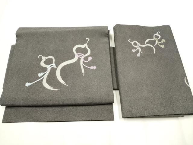 平和屋着物●つけ帯 刺繍 瓢箪 鮫小紋柄 黒地 正絹 hy