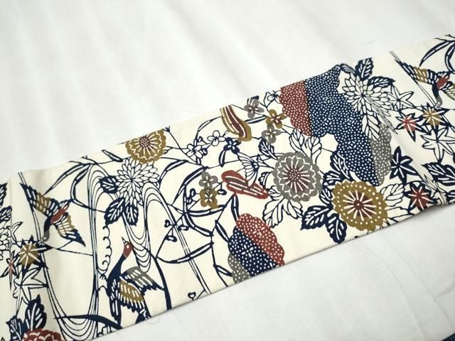  平和屋着物 つけ帯 型染め 飛鶴草花文 正絹 hy 付け帯 作り帯 帯