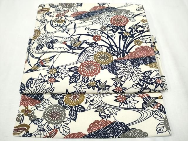 平和屋着物●つけ帯 型染め 飛鶴草花文 正絹 hy