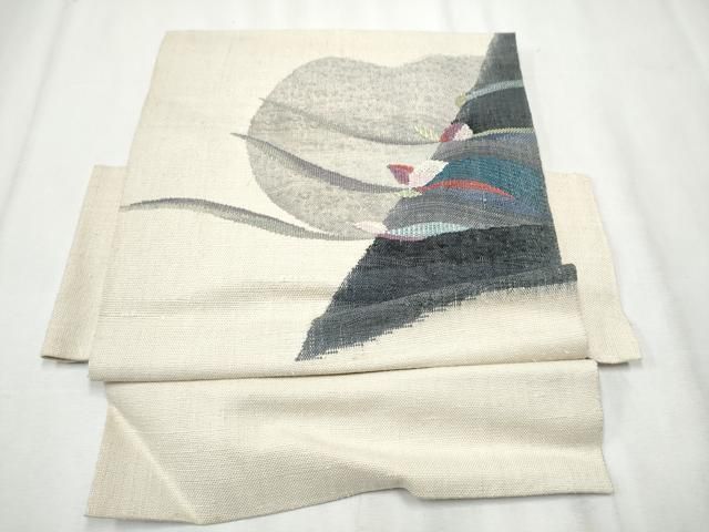 平和屋着物●西陣 老舗 渡文謹製 手織 つけ帯 紬地 満月 舞蝶文 正絹 hy