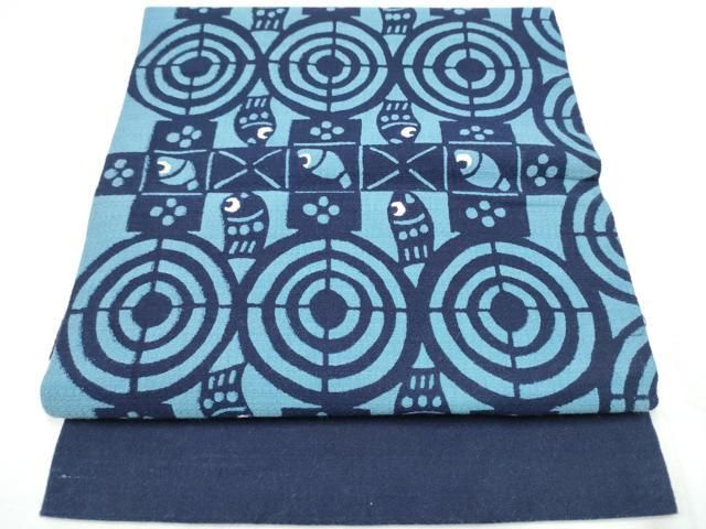 平和屋着物●つけ帯 紬地 藍 型染め 魚 幾何学文 正絹 hy