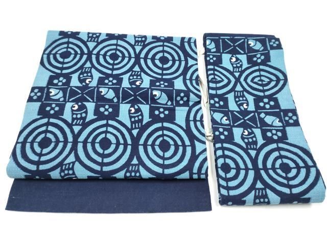 平和屋着物●つけ帯 紬地 藍 型染め 魚 幾何学文 正絹 hy