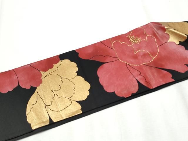  平和屋着物 つけ帯 牡丹 黒地 金銀糸 正絹 hy 付け帯 作り帯 帯