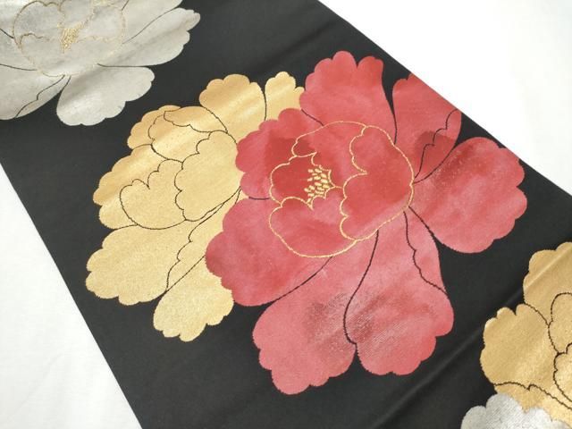 平和屋着物 つけ帯 牡丹 黒地 金銀糸 正絹 hy