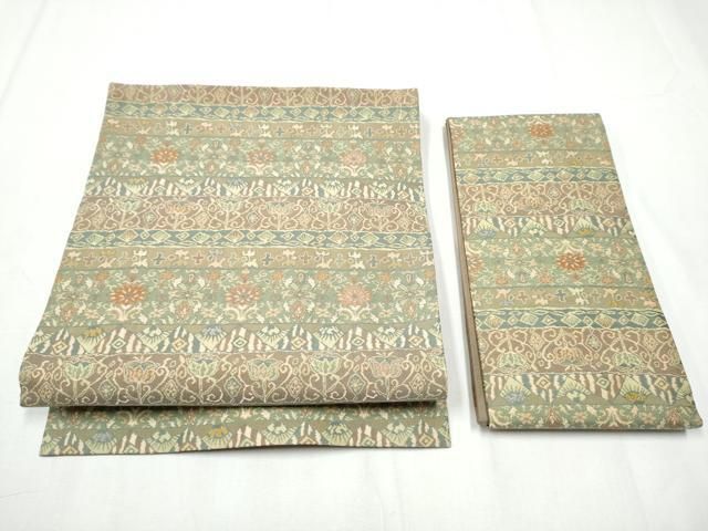 平和屋着物●つけ帯 唐織 横段更紗花文 正絹 hy