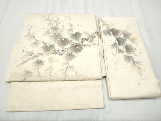 平和屋着物●つけ帯 髭紬 手描き 蔦の葉文 金彩 正絹 hy