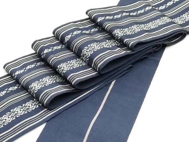 【net限定】綿麻 草衣　上　おおらか 濃紺間道 平和屋着物○男性 本場筑前博多織 角帯 献上 間道 鉄紺色 井上絹織物