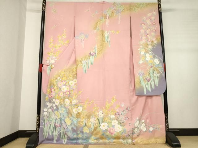 平和屋着物●豪華振袖 友禅 草花文 暈し染め 金彩 ロング丈 正絹 ck