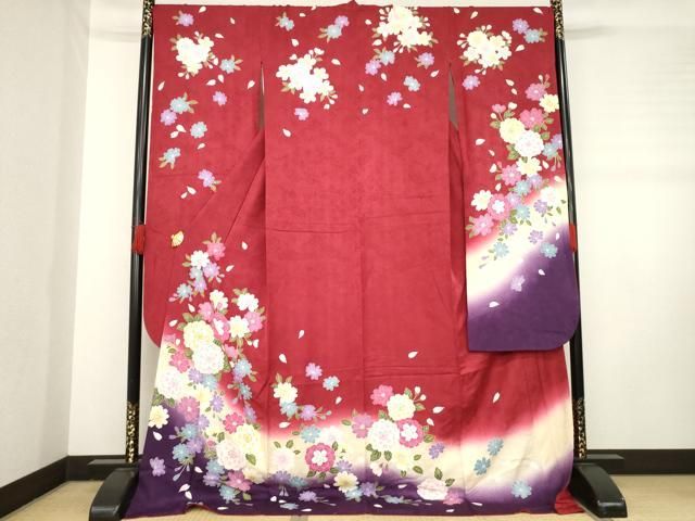 平和屋着物●豪華振袖 舞花文 暈し染め 金彩 ロング丈 正絹 ck