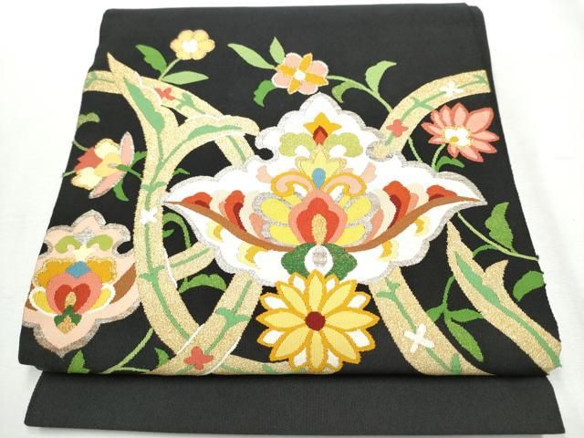 平和屋着物○爪掻き本綴れ 八寸名古屋帯 吉祥花文 黒地