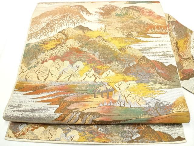 平和屋着物●本場筑前博多織 八寸名古屋帯 遠山風景文 金銀糸 正絹 hy