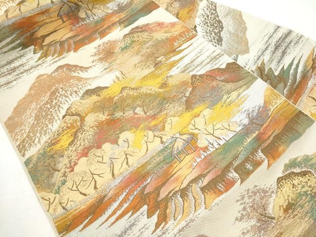 平和屋着物●本場筑前博多織 八寸名古屋帯 遠山風景文 金銀糸 正絹 hy