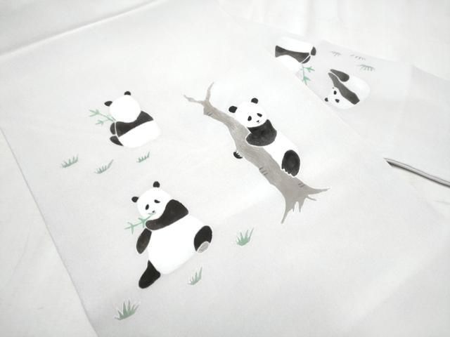 平和屋着物●九寸名古屋帯 手描き 笹 パンダ 正絹 hy