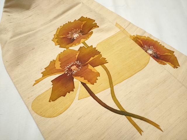 平和屋着物 九寸名古屋帯 作家物 紬地 ろうけつ染 枝花文 正絹 hy