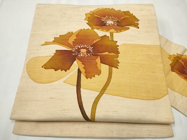 平和屋着物●九寸名古屋帯 作家物 紬地 ろうけつ染 枝花文 正絹 hy