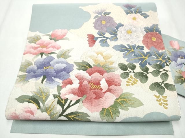 平和屋着物●爪掻き本綴れ 八寸名古屋帯 雲取り草花文 金銀糸 正絹 hy