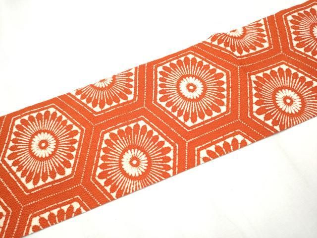  平和屋着物 竺仙 全通柄 九寸名古屋帯 型染め 亀甲菊文 鬼しぼ縮緬 正絹 hy 名古屋帯 帯