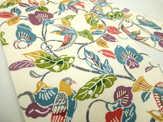 平和屋着物●全通柄九寸名古屋帯 型染 花鳥文 鬼しぼ縮緬 正絹 ♥ ps