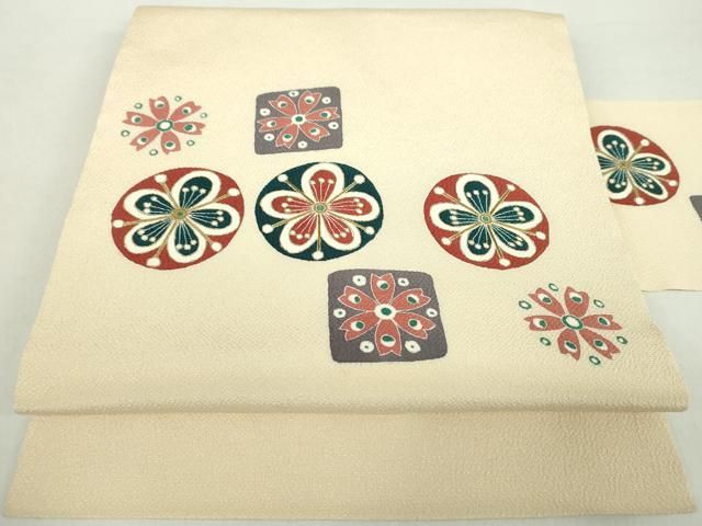 平和屋着物 九寸名古屋帯 刺繍 花丸文 鬼しぼ縮緬 金彩 正絹 ps