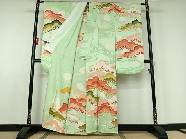 平和屋着物▽豪華振袖 単衣 駒刺繍 立波松文 金彩 正絹 jh