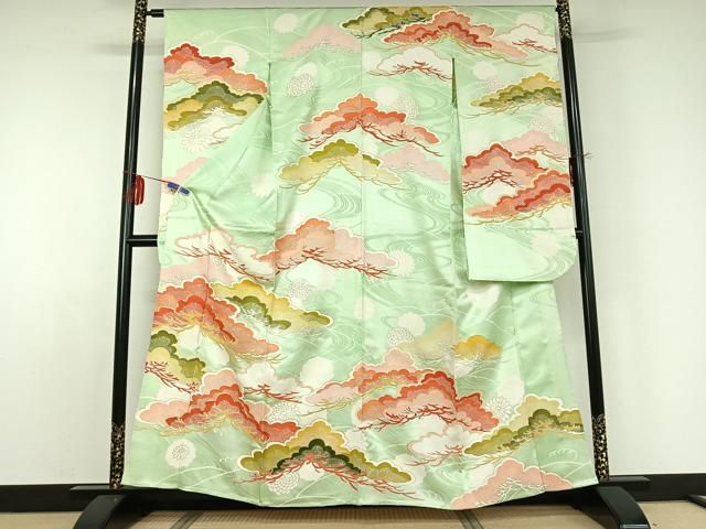 平和屋着物▽豪華振袖 単衣 駒刺繍 立波松文 金彩 正絹 jh