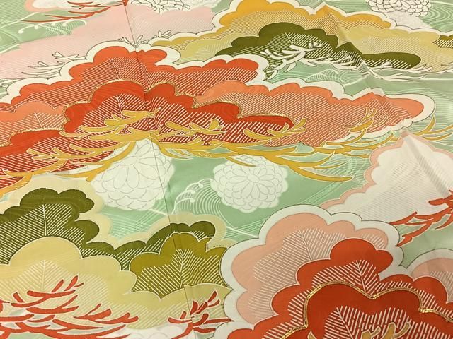  平和屋着物▽豪華振袖 単衣 駒刺繍 立波松文 金彩 正絹 jh 振袖 着物