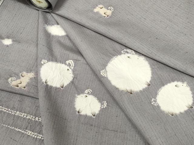 平和屋着物 十日町 名門青柳謹製 赤城紬 付下げ 解き反物 着尺 絞り 雲 羊 犬 zzz