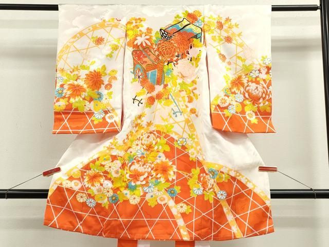 平和屋着物 お宮参り 女の子 祝着 産着 初着 のしめ 刺繍 御所車草花文 金彩 洗える着物 ze