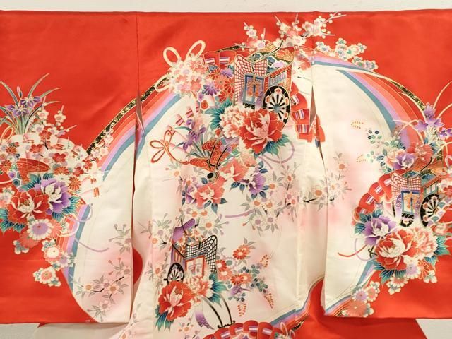 平和屋着物 お宮参り 女の子 祝着 産着 初着 のしめ 御所車檜扇草花文 暈し染め 金彩 ze