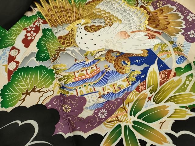  平和屋着物 お宮参り 男の子 祝着 産着 初着 のしめ 刺繍 鷹 風景笠松文 黒地 金彩 ze 着物 着物ドレス 着物 浴衣 和小物