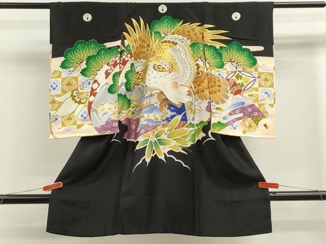 平和屋着物 お宮参り 男の子 祝着 産着 初着 のしめ 刺繍 鷹 風景笠松文 黒地 金彩 ze
